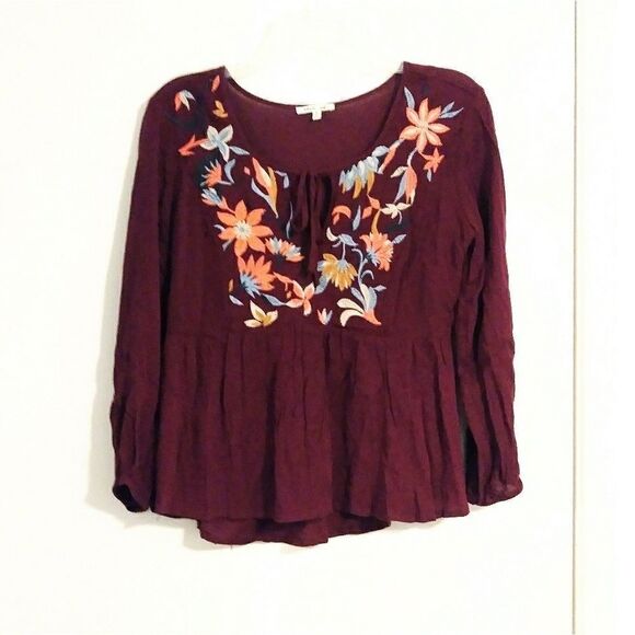 Bleuh Ciel Maroon Embroidered Keyhole Tie Neck Top - Picture 1 of 6